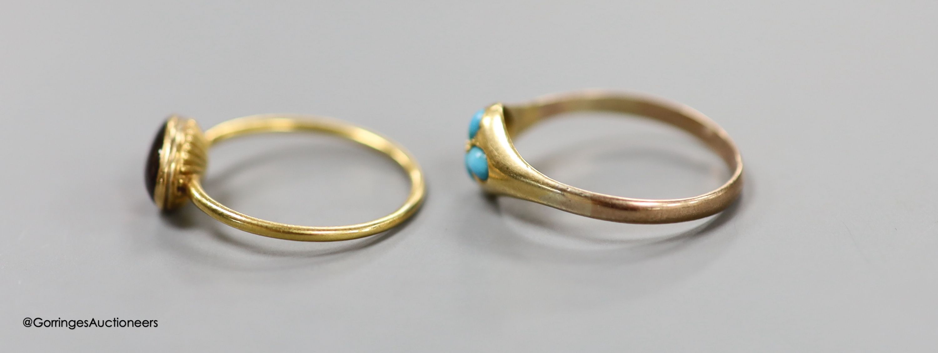 A 19th century yellow metal and gem set ring, size L, gross 1.8 grams and a later yellow metal and turquoise cluster set ring, size Q, gross 1.8 grams.